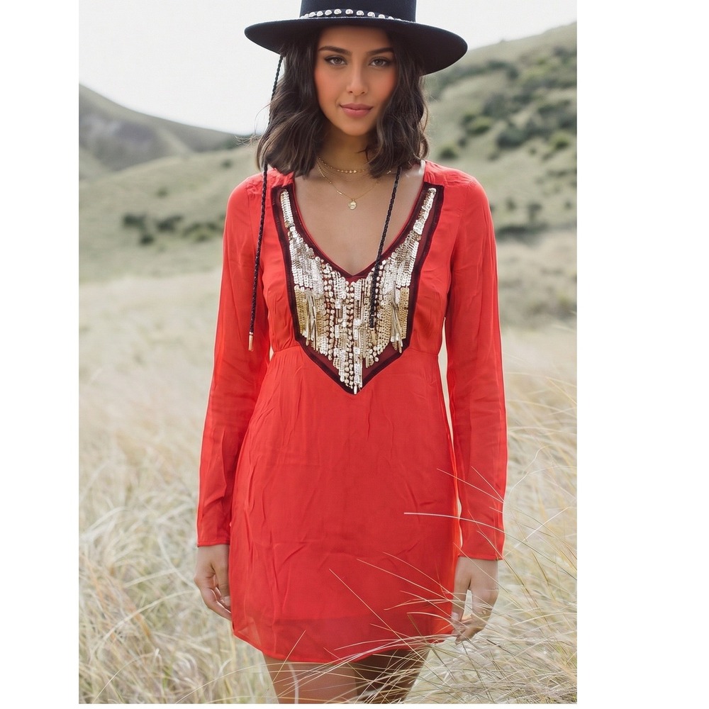 Gypsy 05 Silk Boho Boujee Mobwife Beaded Embellished Long Sleeve Mini Dress XS